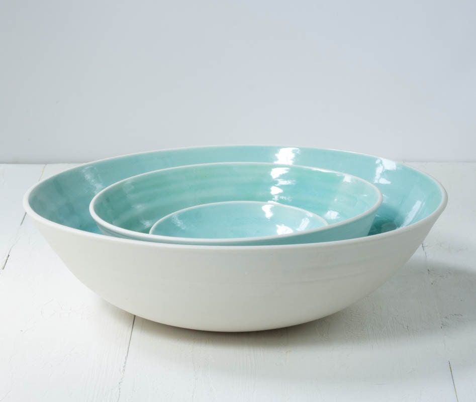Large Aqua and White Porcelain Nesting Bowls