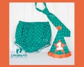 Turquoise Party Hat, Diaper Cover, Necktie for 1st Birthday Party and Cake Smash - ORIGINAL Design by Stacy Bayless