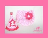 Pink Polka Dot 1st Birthday Cake Smash Set for Baby Girl - includes Hat, Diaper Cover, and Flower