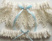 Wedding Garter Set with Blue Satin Ribbon Bow and Swarovski Crystal Centering   - The ALICIA Garter Set