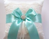 Wedding Ring Pillow, Tiffany Blue Ribbon Pillow, with Net Lace, Rhinestone Centered Satin Bow - The TIFFANY Pillow