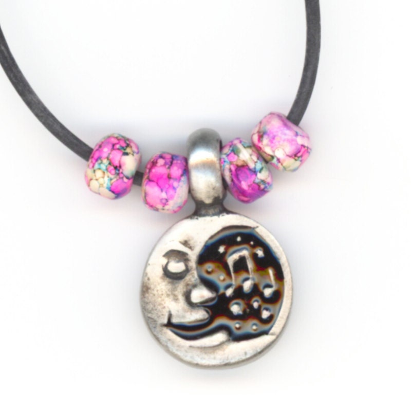 Necklace with Sleeping Crescent Moon Musical Note Pendant on Black Cord