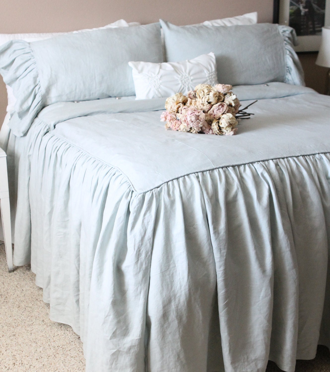Ruffled Linen Shabby Chic Duvet Cover The Mirabelle Linen Duvet Cover in French Blue