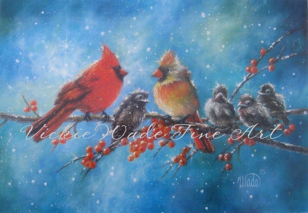 Cardinal Family Print, Four Baby Birds, snow birds, cardinals, red birds, winter birds, Vickie Wade art