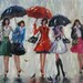 Five Rain Girls Art Print, fashion girls XL 24X30, rain, umbrellas, impressionism, singing in the rain, Vickie Wade Art