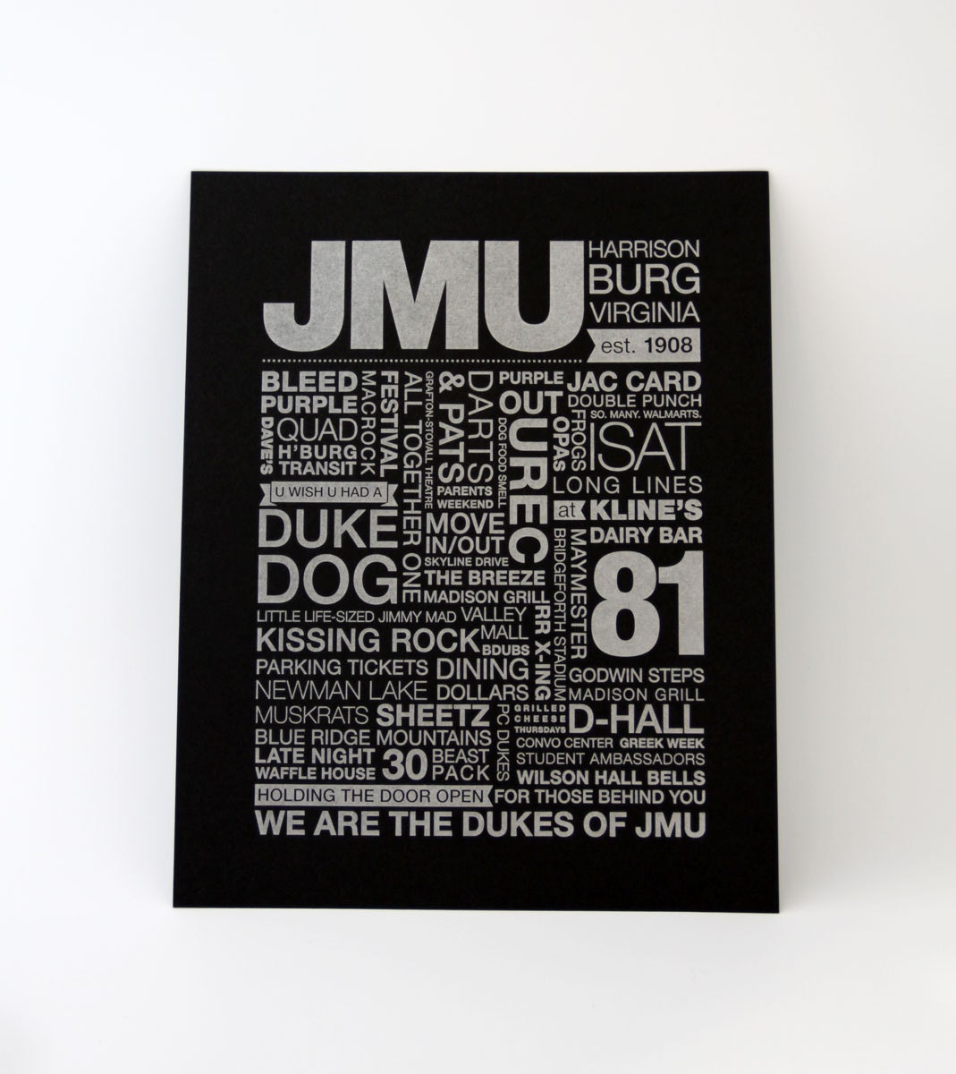 JMU Letterpress Print (Silver Ink on Black Paper)