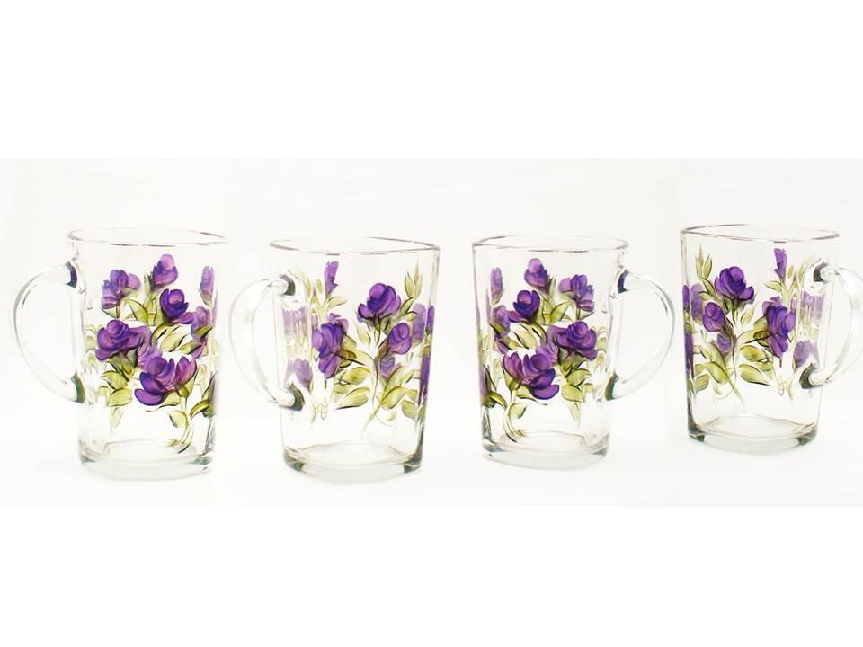 Hand Painted Coffee Tea Mugs, Sparkling Clear Glass - Amethyst Purple Roses, Green Leaves Set of 4, Large 16 oz.