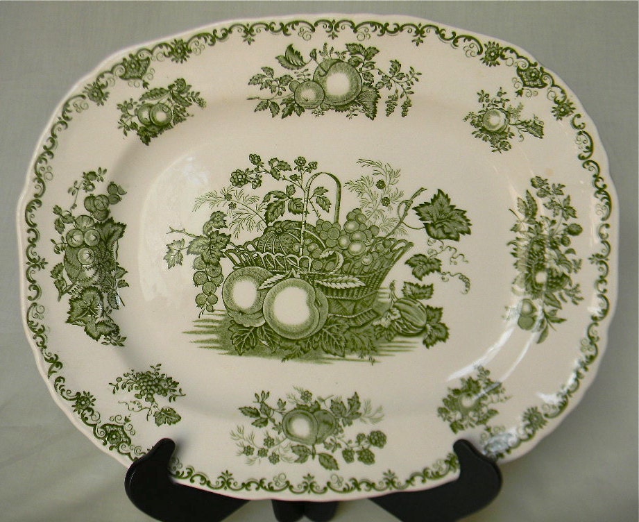 Green English Transferware Platter Basket of Fruits and Foliage