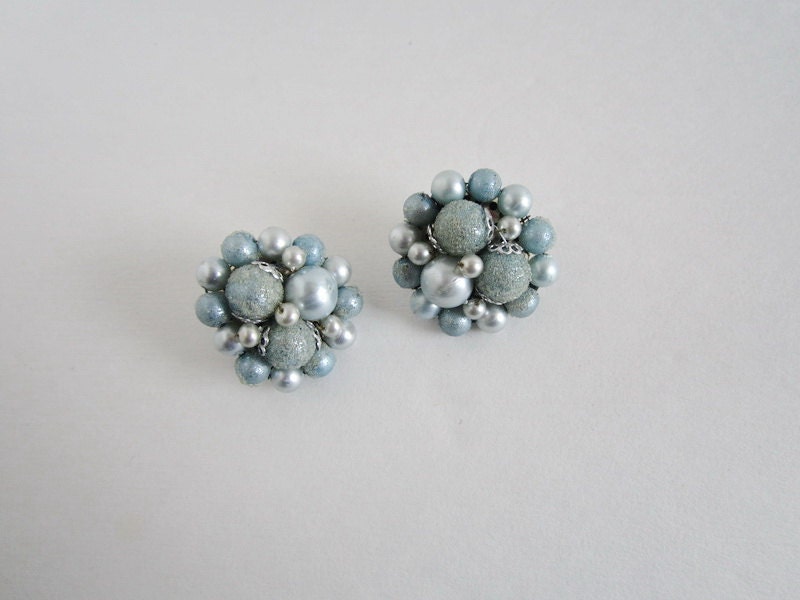 Clip On Earrings Powder Blue Clusters 1960s Vintage