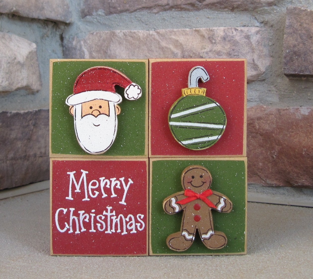 4 BLOCK CHRISTMAS themed set with an ornament, Santa, Gingerbread man, for desk, shelf, mantle, holiday, December, home decor