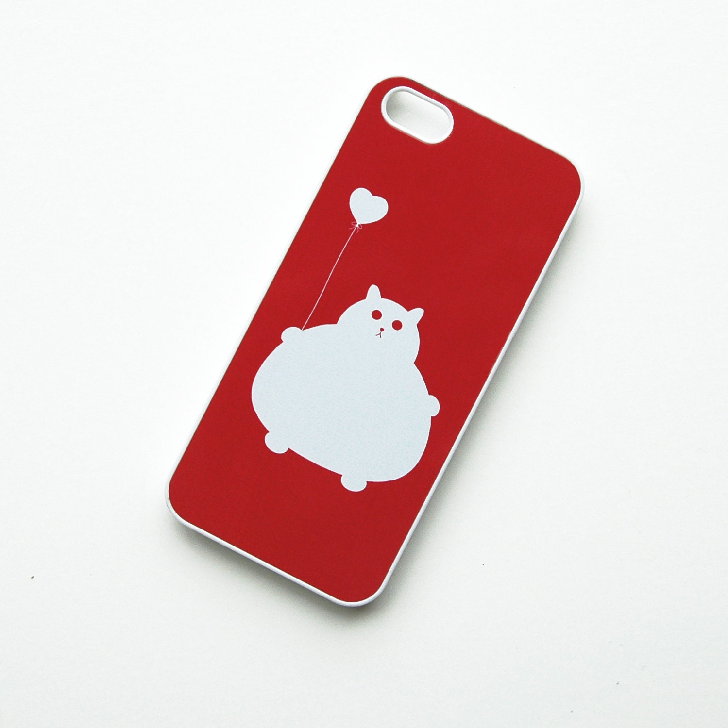 iPhone 5 case Fat Kitty Cat White and Red with Heart Balloon