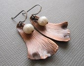 Flower Petal Hammered Copper Earrings White Pearl Sterling Silver