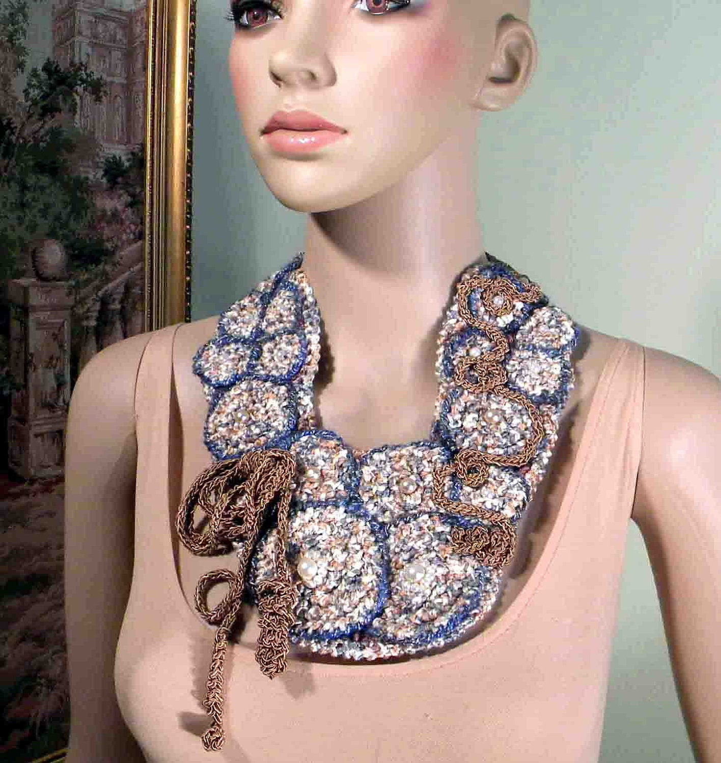 Sale - SIGNATURE NECKLACE/BIB - Wearable Fiber Art Jewelry, Freeform Crocheted, Adjustable Length
