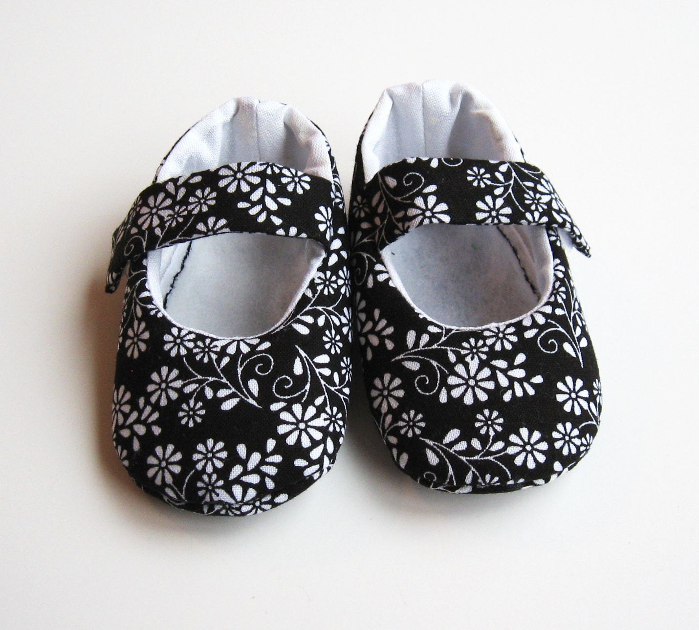 Black and White Floral Baby Slippers - Mary Janes -3 sizes - 0 to 12months plus