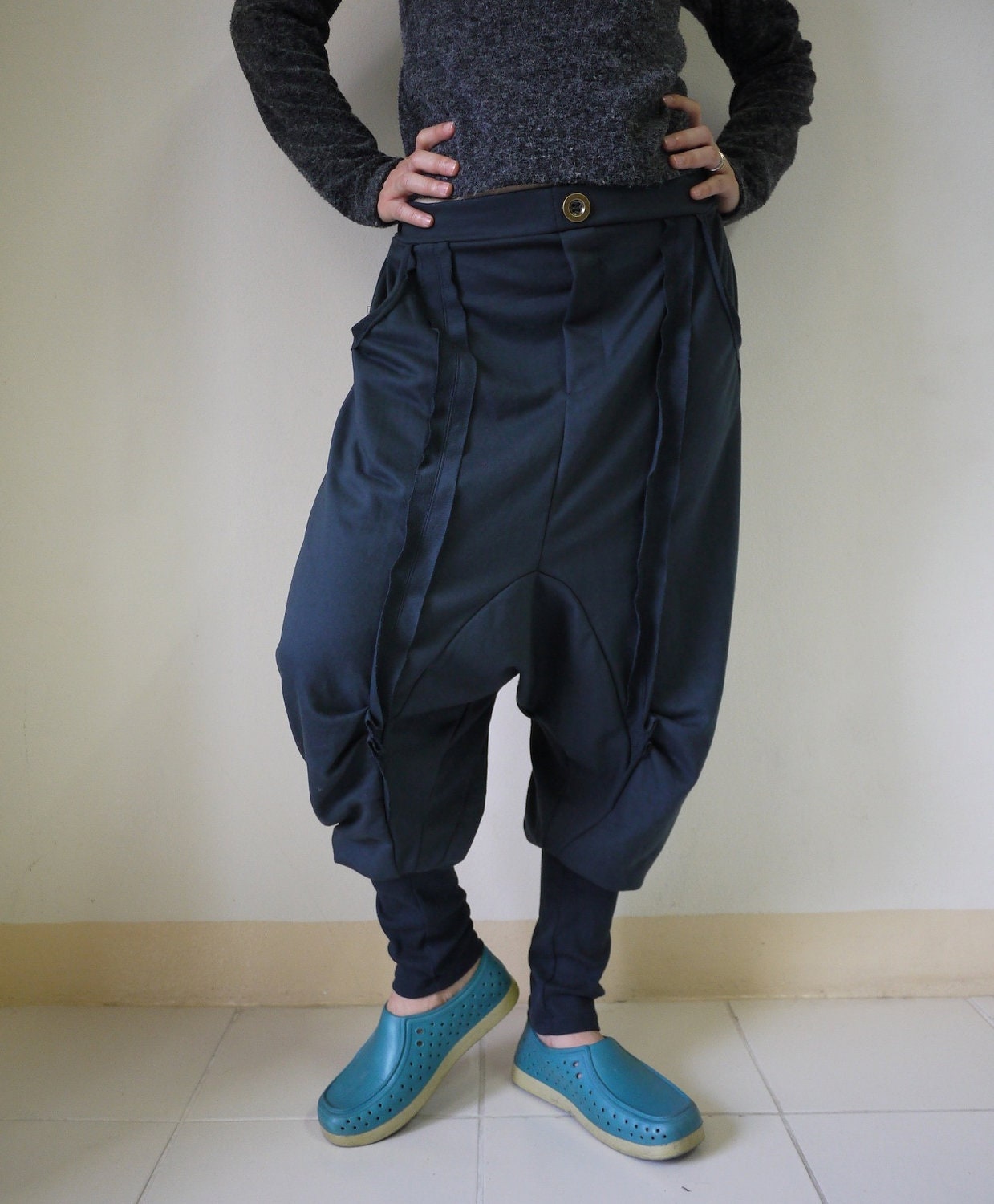 Unisex Ninja Harem Funky Stretch Cotton Mix Polyester Dark Blueish Charcoal Pants With 2 Pockets