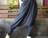 Women Men Pants - Drop Crotch Blueish Dark Charcoal Stretch Cotton Pants With 2 Side Pockets And Elastic Waist Band