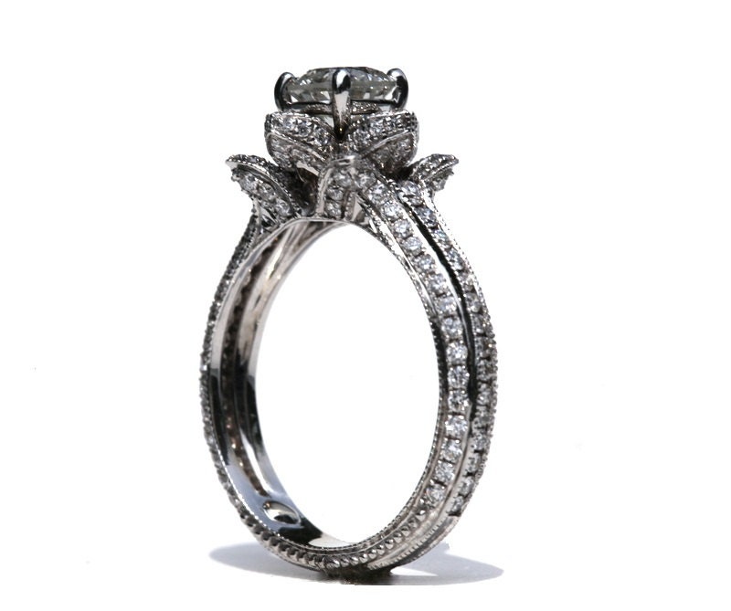 MILGRAIN - Gorgeous UNIQUE Flower Lotus Rose Diamond Engagement Ring - 2.00 carat - 14K white, rose, yellow gold - custom - art deco -  fL04