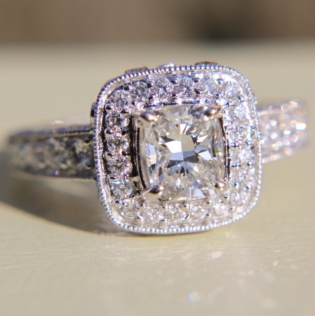 2 carats total Round and Cushion Cut Diamond Engagement Ring -14K white gold - Halo - Antique Style - Weddings -Bp020