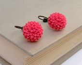 Hot Pink Flower Earrings, Fuschia Floral Earrings, Antique Bronze Earrings, Vintage Style Earrings - Fuschia Mum Earrings - merryalchemy