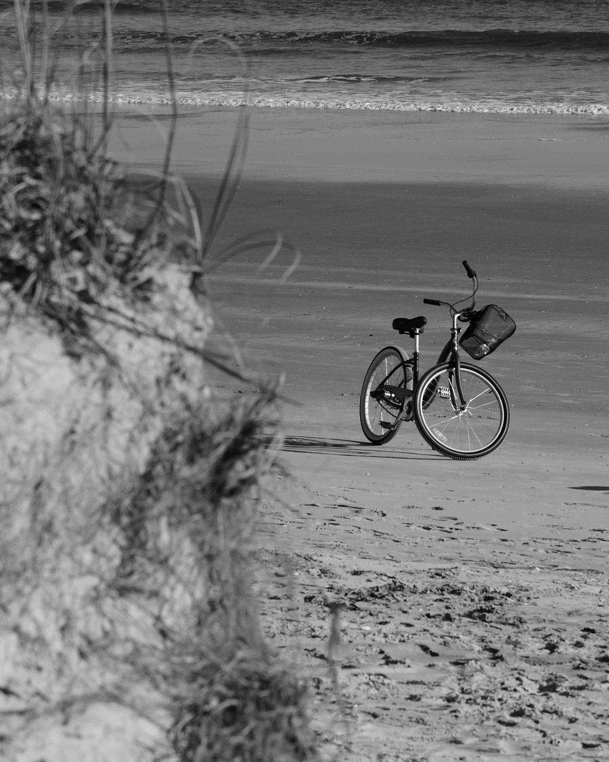 Bike on the Beach. High quality 8x10 black and white print for home decor. Fine Art Photography.