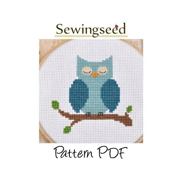 Blue Owl Cross Stitch Pattern, INSTANT DOWNLOAD