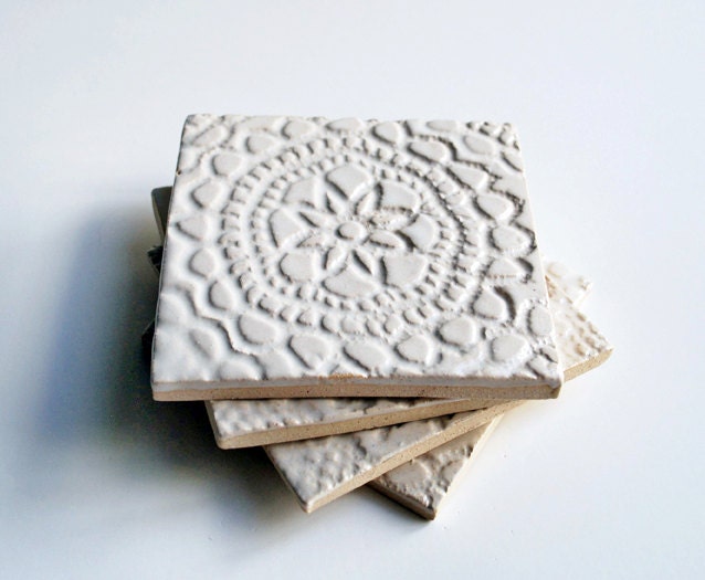 White Lace Coasters, Ceramic, Pottery, Set of 4,  -- Wedding, Shower, Host, Housewarming, Birthday Gift