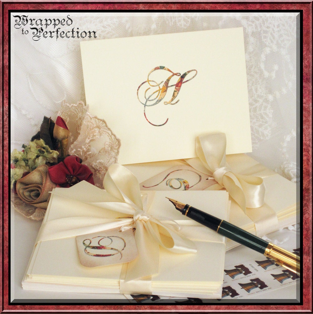 Monogram Note Cards / Unique Lettering / 10 Notecards / Shabby Chic Vintage Romantic / Bride Hostess Mom BFF / Downton Abbey