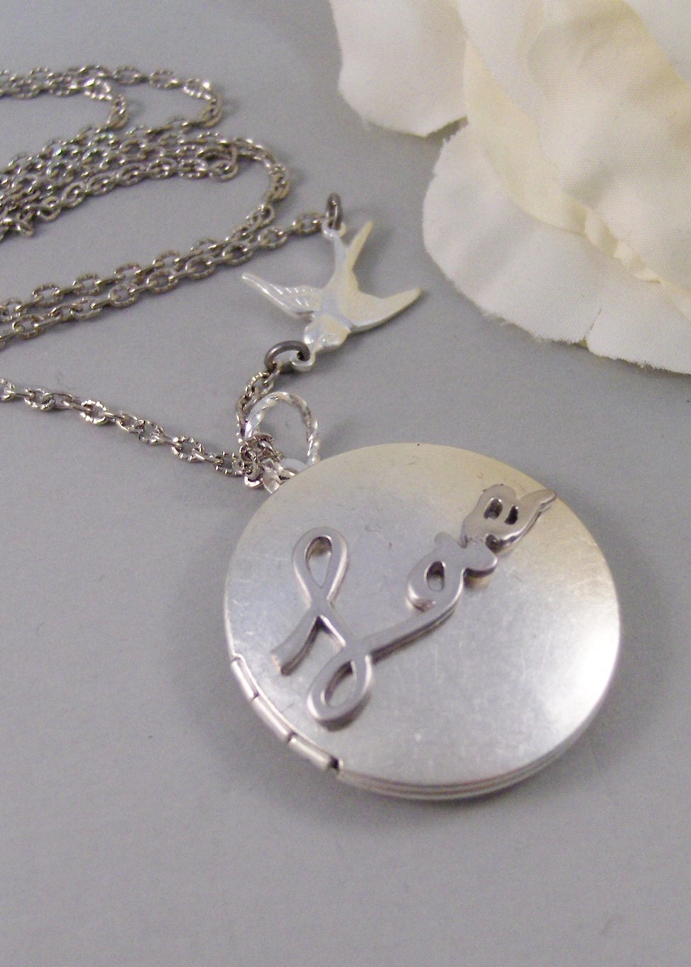 Love Bird Locket,Locket,Silver Locket,Bird,Sparrow,Wing,Heart,Love,Antique Locket,Rhodium. Handmade jewelry by valleygirldesigns.
