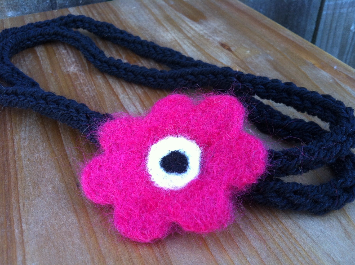 Black Knitted Scarf Necklace With Hot Pink Wool Felt Flower