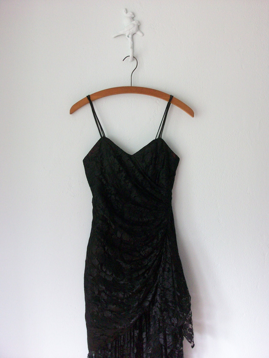 Black Lace Dress ... Vintage 80s Evening Gown ... Draped Spanish Siren ... XS / Small
