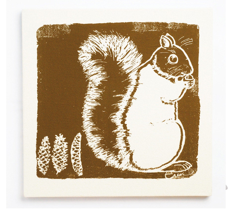Wall Art, Brown Squirrel framed bark cloth print, 9x9 inch, Silk Screened