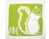 Green, Squirrel Framed Bark Cloth Silk Screened Print, 9x9 inch