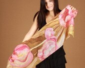 Pink tulips. Hand painted silk scarf/ silk wall hanging. Pink, beige, brown floral silk scarf