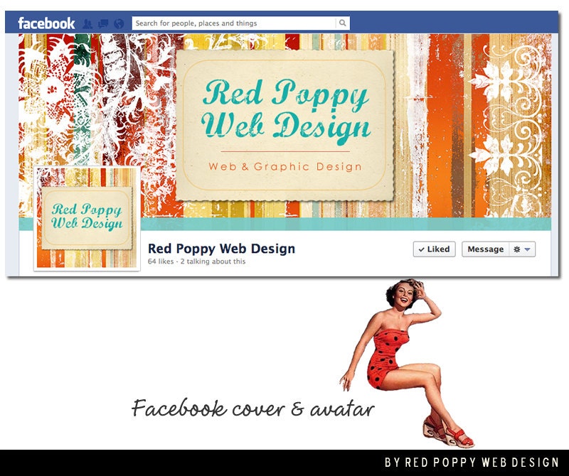 Facebook Cover Timeline Photo Design with Avatar, Premade Facebook graphics, Vintage Stripes Postcard Orange Aqua Cream