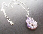 Purple Agate Slice with Druzy Quartz on Silver-Dark Purple, Brown, Black, White with Quartz Druzy