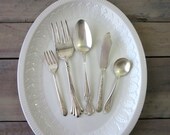 Vintage Mismatched Silver Plate Serving Pieces Set of Five Serving Spoon, Meat Fork, Butter Knife, Cocktail Fork, and Sugar Spoon