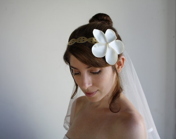 Juliet - Bridal Hair accessory, Vintage Flower Headband,in Ivory and gold leather and satin