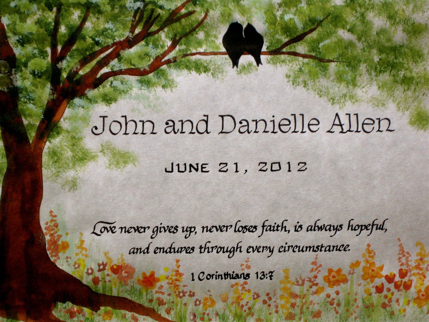 Made to Order, Custom Calligraphy, Baptism, Wedding, Anniversary, Calligraphy, Love Birds, Earth Tones.