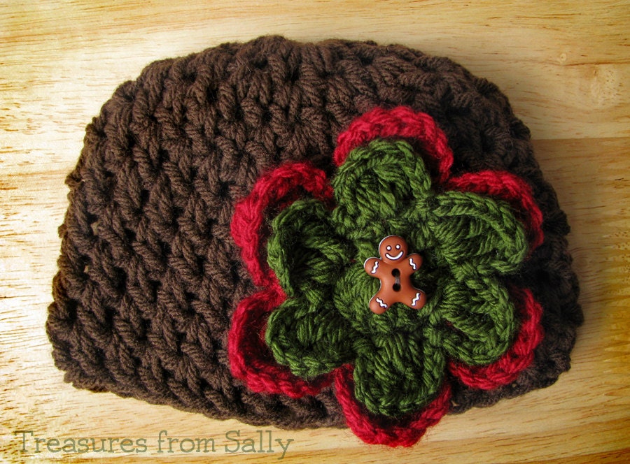 Brown Christmas Beanie Hat with Gingerbread Man Flower- Newborn, Baby, Toddler, Child and Adult Sizes