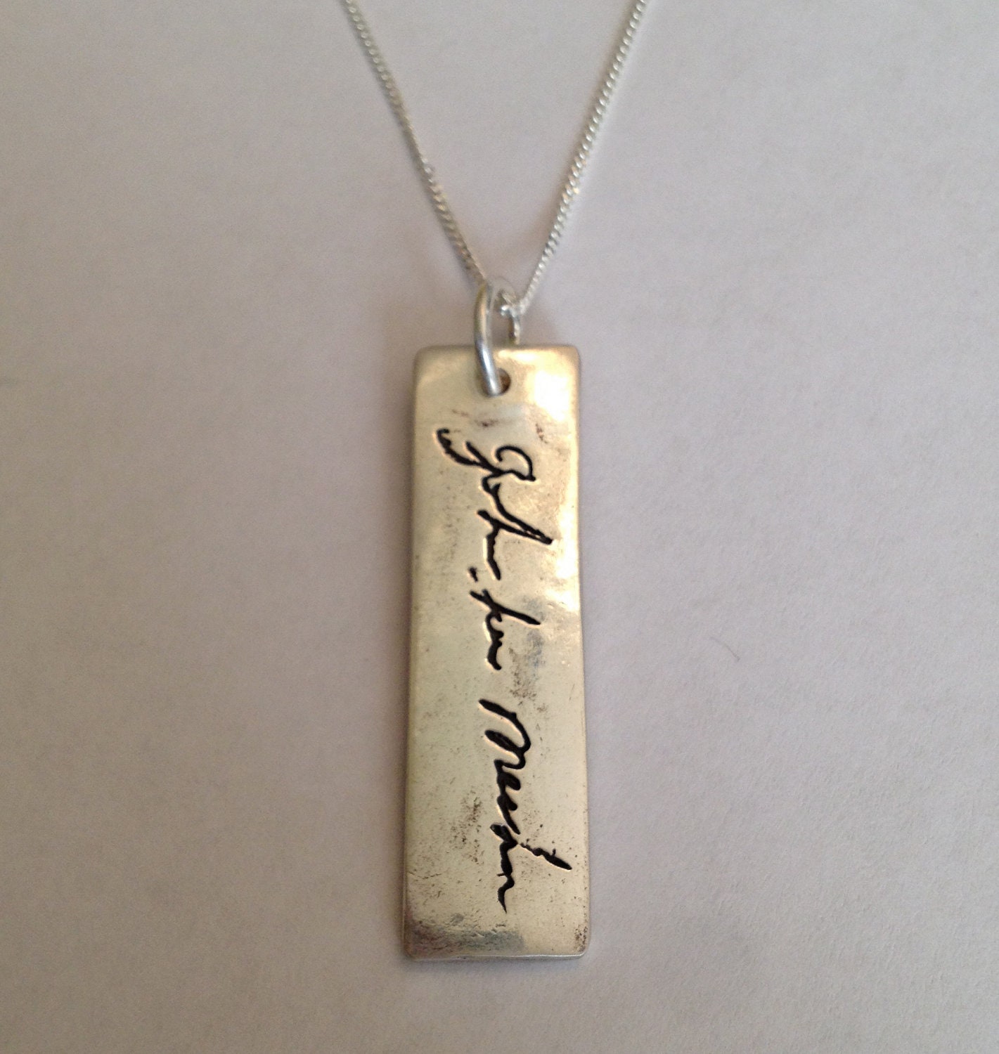 Memorial Jewelry -Your Lost Loved Ones Actual Signature or Message on a Vertical Pendant Made to order