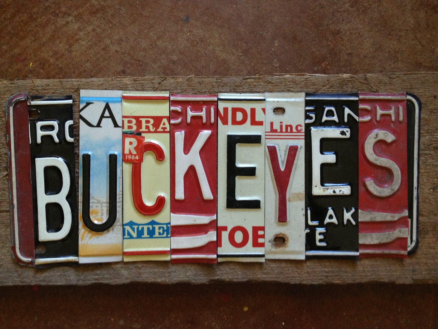 BUCKEYES Ohio State University license plate sign red black silver grey tomboyART tomboy art license plate football