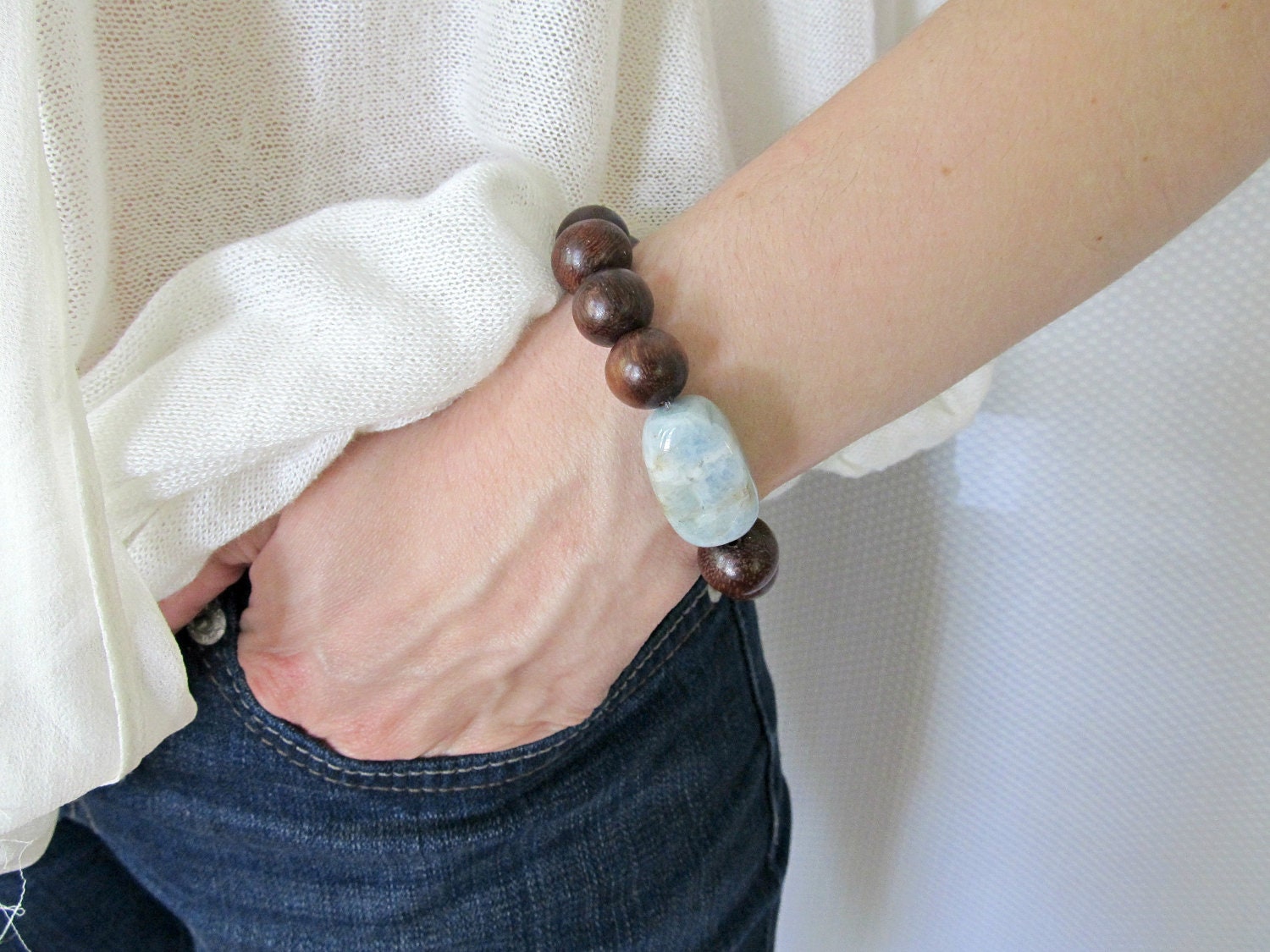 Beaded wood and jade stretch bracelet