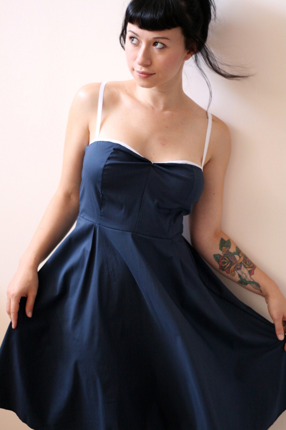 Nautical dress. Navy dress.Pin up style dress.White lace dress. navy bridesmaid dress.dark blue dress.15% OFF -summer sale