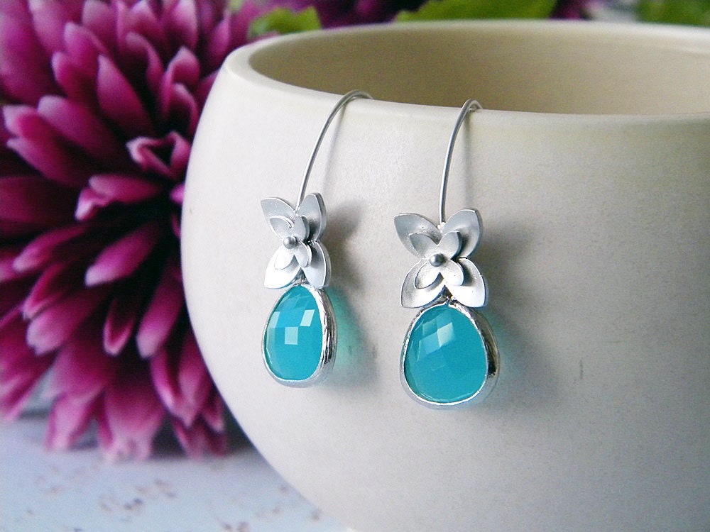 Turquoise drop flower earrings - silver, blue earrings, weddings, gift
