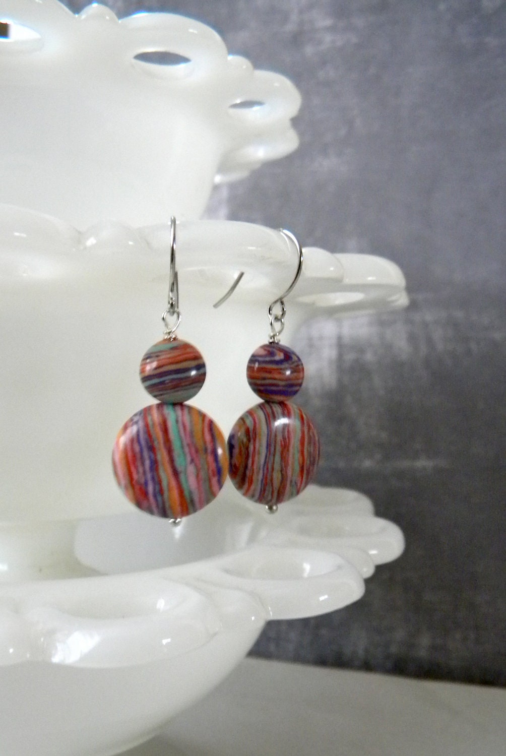 Fiesta Malachite Bead Earrings.  Silver