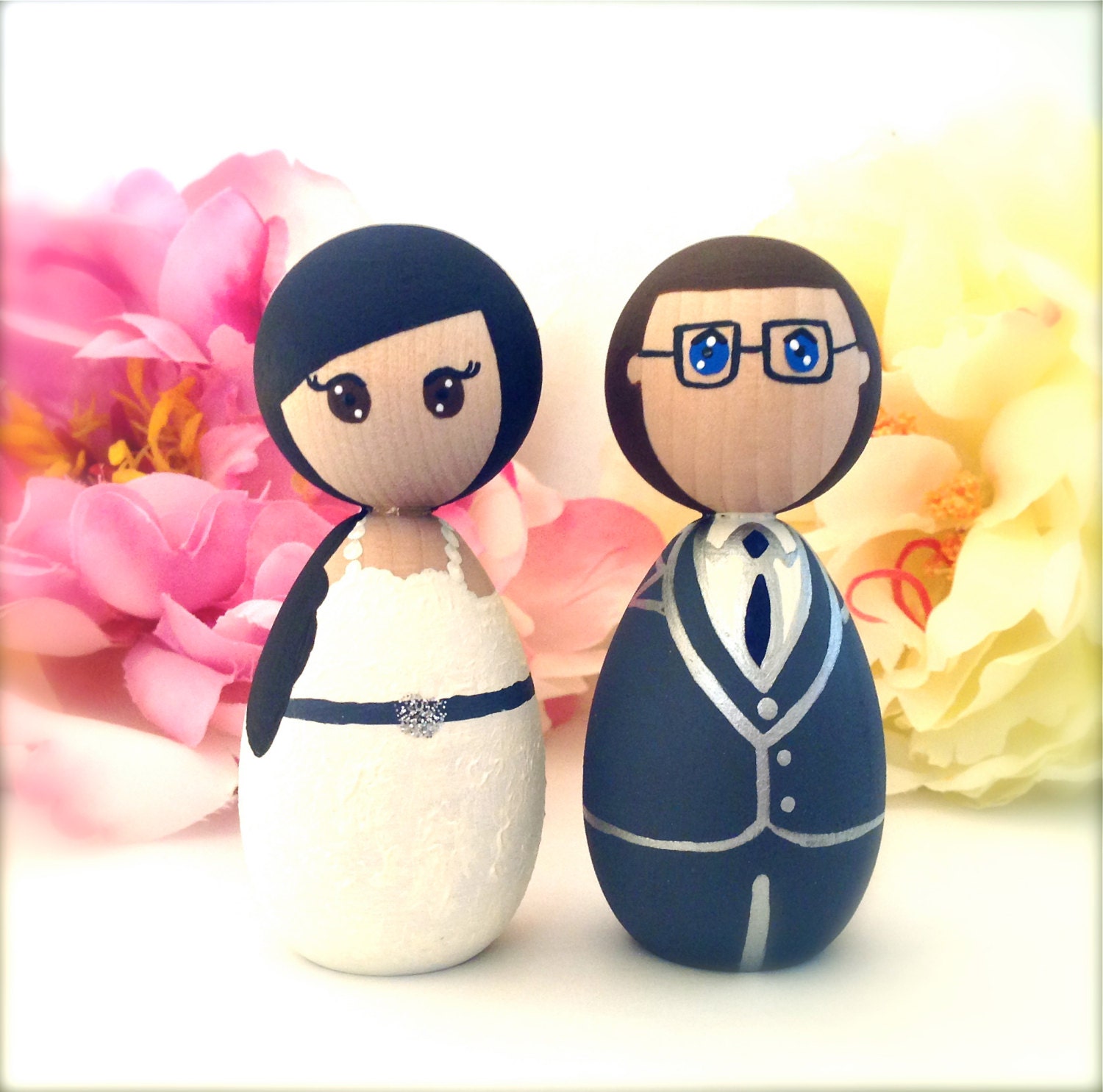 Custom WEDDING CAKE TOPPER Bride Groom Kokeshi Dolls Wood Peg Japanese Style Anime Personalized Keepsake Collectable Painted Cute Figurines