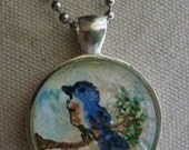 Hand Painted Pendant-Bluebird Resting-Nature-Folk Art