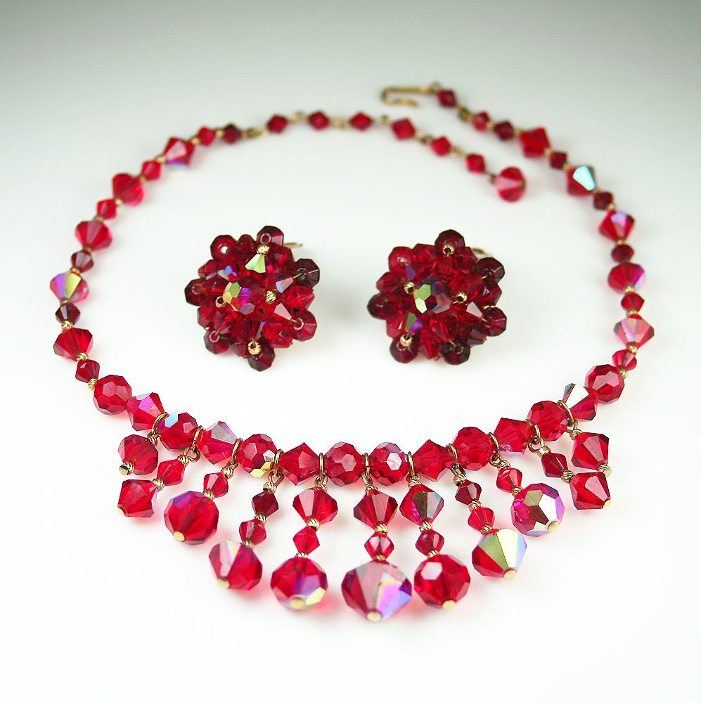 Vintage Red Glass Bead Bib Necklace Earrings Set