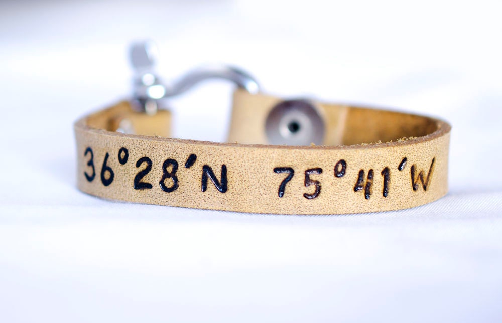 Latitude and Longitude  - Custom Hand Carved Leather D Shackle Bracelet