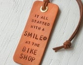 It all started with a smile at the...- Leather luggage Tag- MODERN SHAPE Stamped Leather Luggage Tag